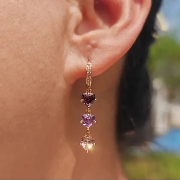 Purple Amethyst Lavender & Pink Topaz Heart Diamond Gold Toned Earrings - Picture 2 of 4